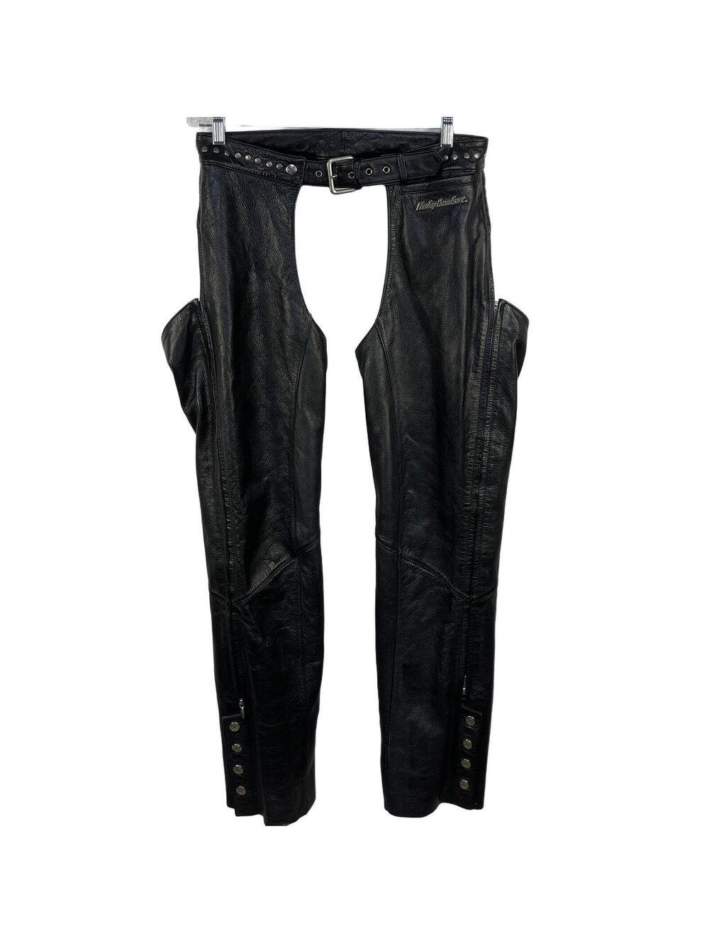 Women's Harley Davidson Black Leather Biker Chaps With Belted Waist Large